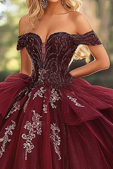 Robe de bal bustier bordeaux à épaules dénudées Quinceanera Dress